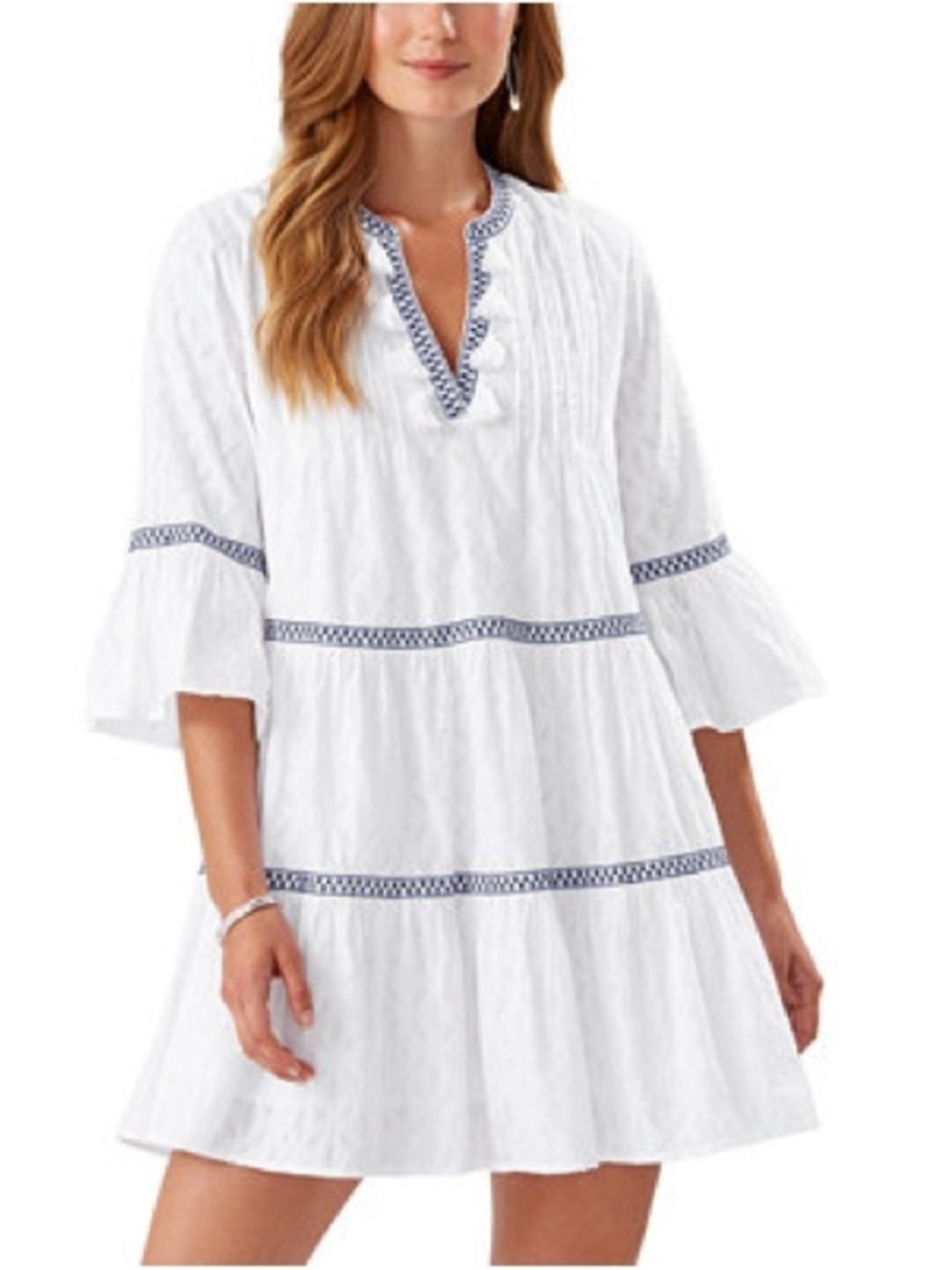 Tommy Bahama Blue and White Ruffled Tiered Sundress
